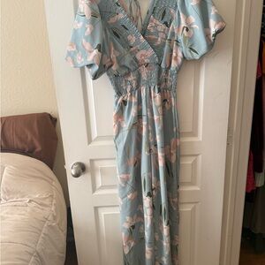 Amazon Light Blue Floral pants romper with Pink Accents